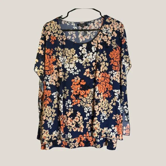 Roz & Ali /Dressbarn 2X Plus Size Navy Blue Orange Floral Tunic Top Blouse Flowy - Picture 1 of 6